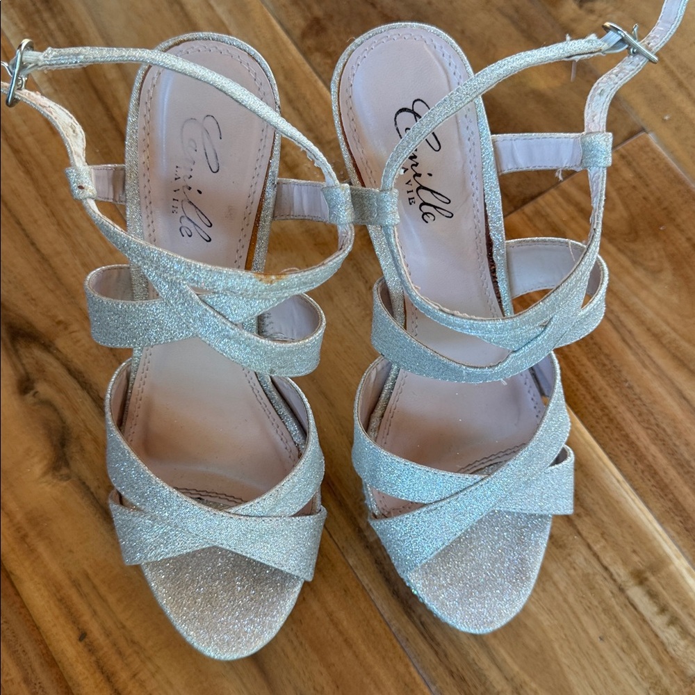 Camille La Vie Silver Glitter Strappy Heels - Picture 3 of 10